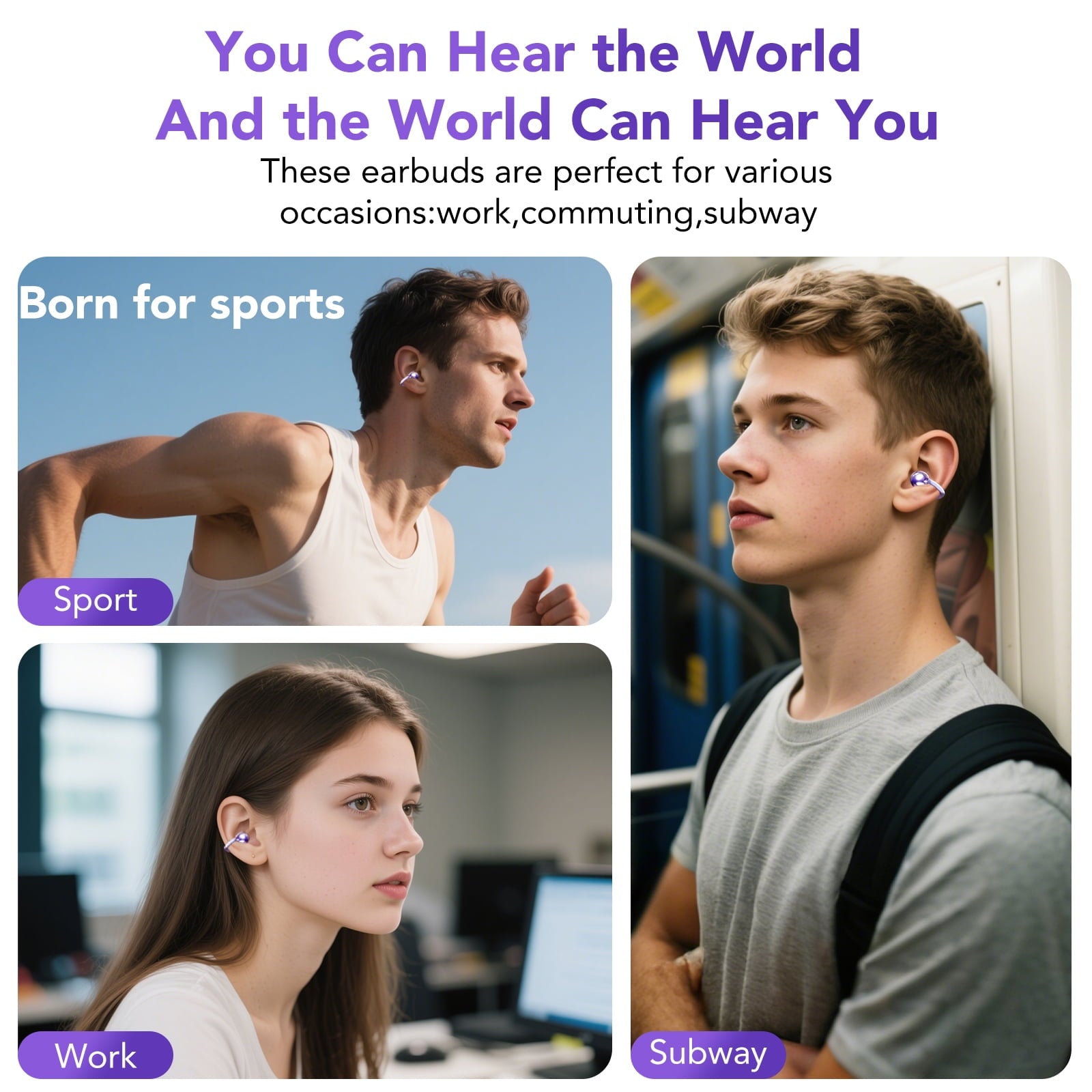 Open Ear Earbuds, Wireless Earbuds, Bluetooth Headphones with Mic, Adaptive Noise Cancelling Calls, Bluetooth 5.4, 50H Playtime, Light Weight, Clip On Earbuds for Workout/Running (Purple)